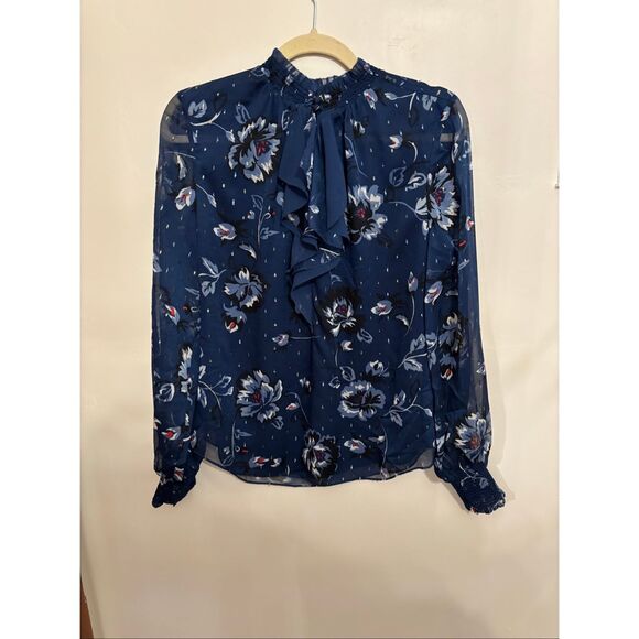 White House Black Market Floral Ruffle Neck Blouse Size 8 Blue Keyhole Long Slee - Picture 2 of 8